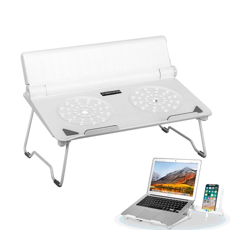 COOSKIN Lightweight Ventilated Laptop Desk Stand with Adjustable Phone Stand Holder Foldable & Portable Riser Compatible 13-17 inch Notebook Base Holder (White) - Image 1